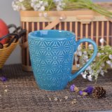 287ml Blue Glazed Ceramic Drinking Mug with Flower Design
