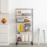 Portable 5 Tiers Chrome Adustable Metal Kitchen Wire Shelf Rack with Wheels