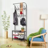 Metal Entryway Storage Bench Multi-Purpose Coat Clothes Stand Shoes Rack Umbrella Stand with Hanging Hooks