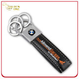 Debossed Printed Logo Chrome Plated Leather Keychain with Metal Ring
