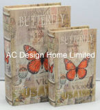 S/2 Elegant Butterfly Design Canvas/MDF Wooden Printing Storage Book Box