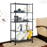 Adjustable DIY Assembly 5 Tiers Powder Coated Black Metal Storage Wire Shelf Shelving Rack with Wheels
