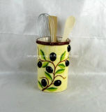 Hand-Painted Ceramic Utensil Holder with Olive Design