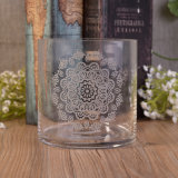Vertical Straight-Walled Glass Hurricane Large Candle Holders with Frosted Flower Logo