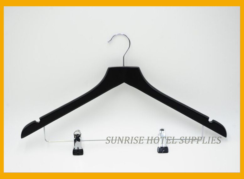 Black Wooden Clothes Hanger with Anti-Slip Clips