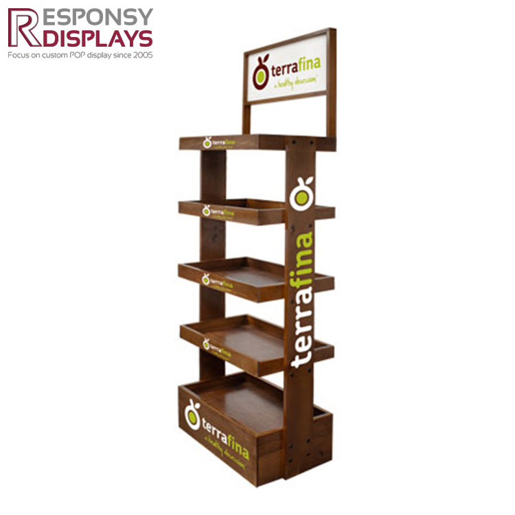 Freestanding Floor Wood Drink & Beverage Display Shelves with Wood Grain