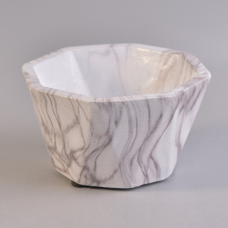 Octagon White Marble Finish Water Transfer Ceramic Candle Holder 