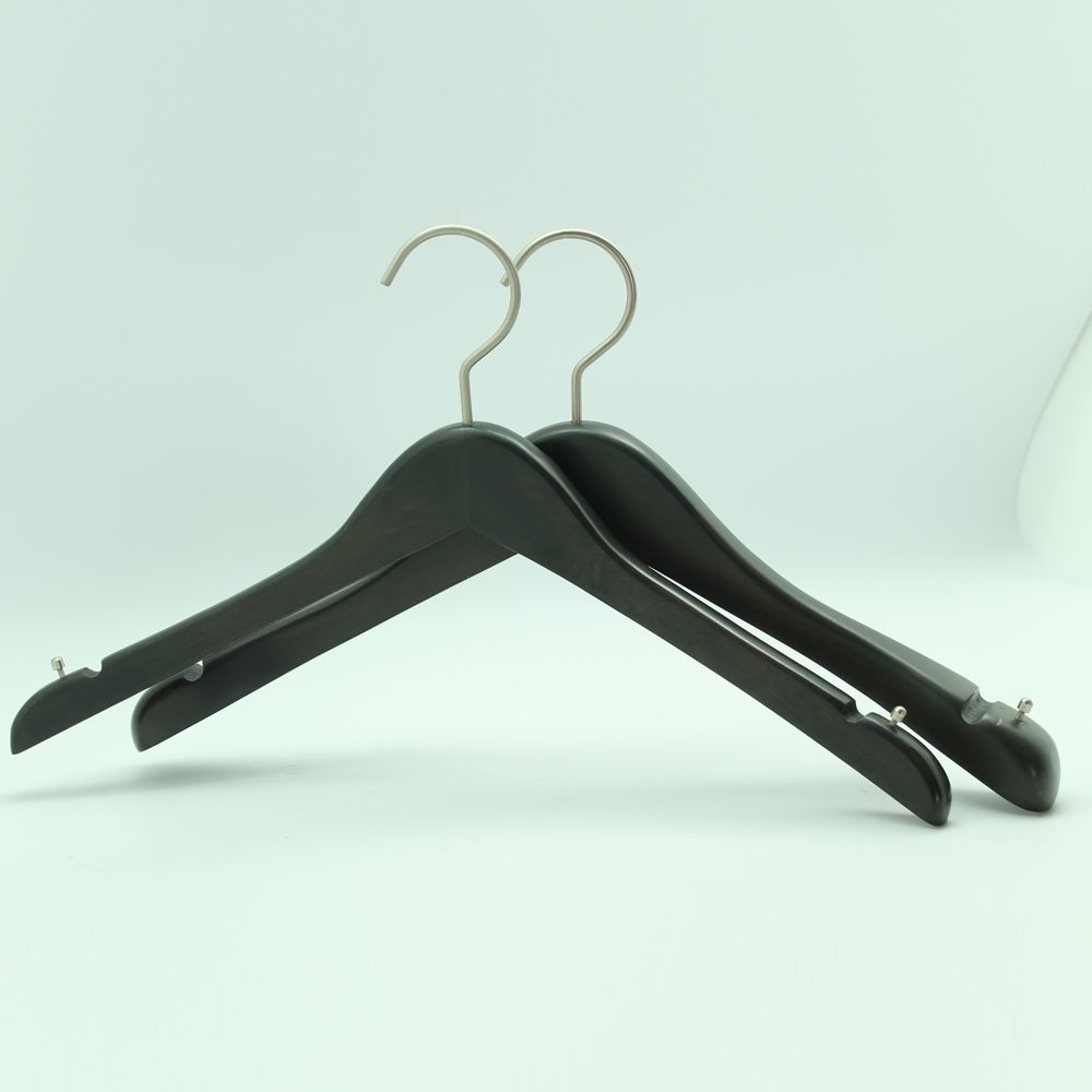 Walnut Color Notched Wooden Clothing Hanger with Button on Side