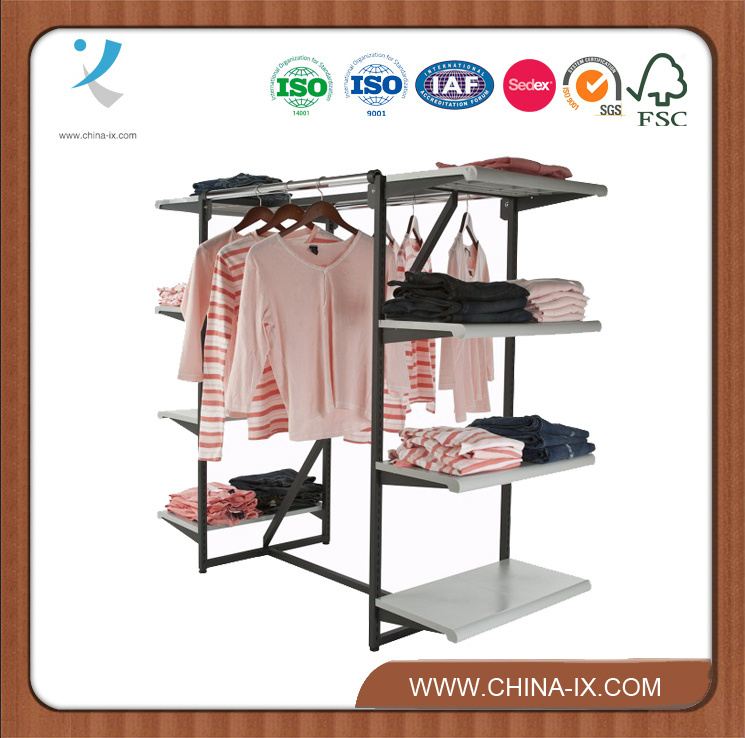 Customized Clothing Display Rack with 8 Shelves & 2 Hangrails