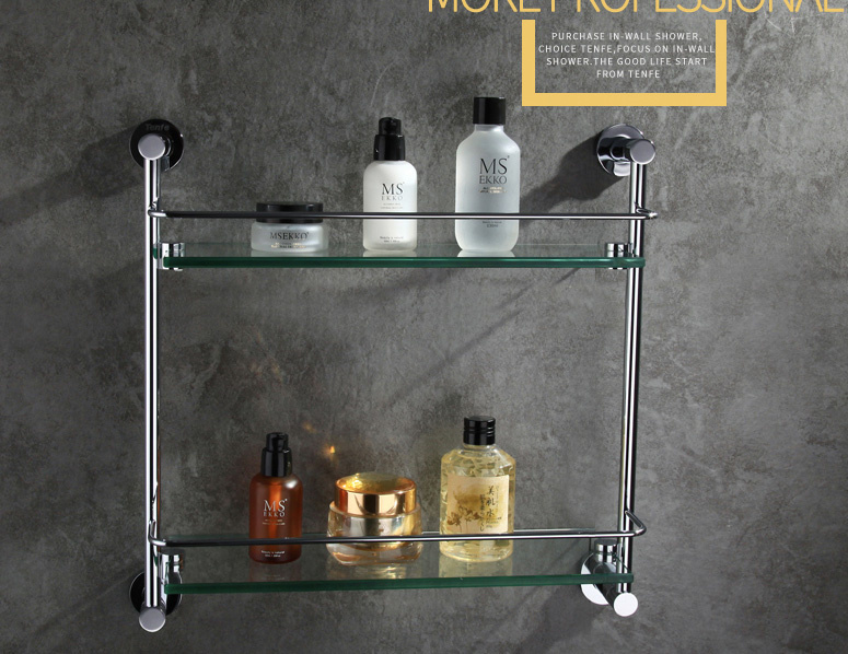 Wall Mounted Round Style Brass Bathroom Double Glass Shelf Chrome Finish 2412