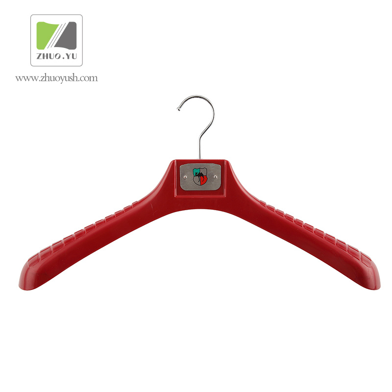 Red ABS Plastic Garment Hanger with Metal Logo