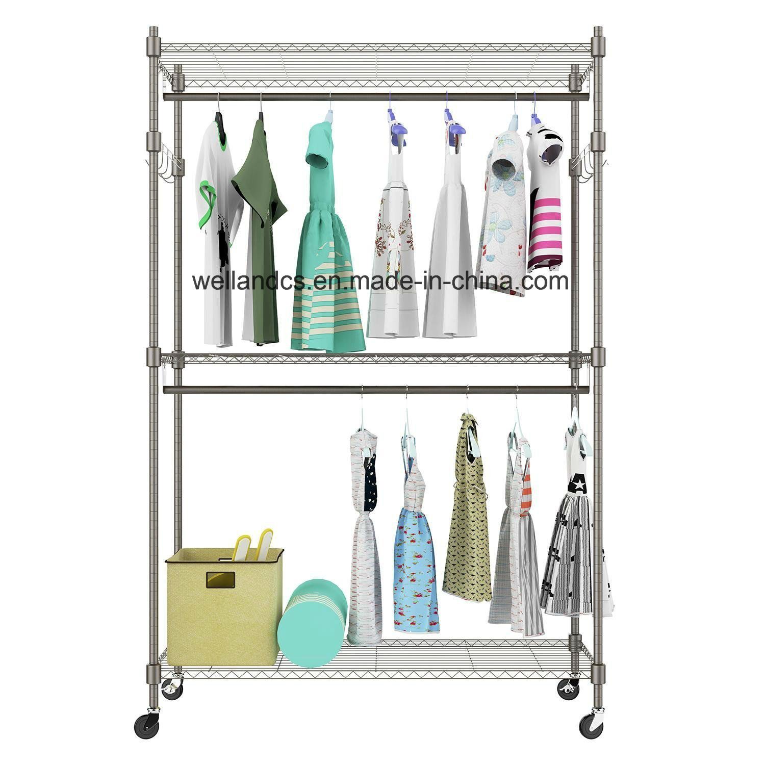 Portable Indoor DIY Garment Metal Cloth Rack with 2 Hanging Rods