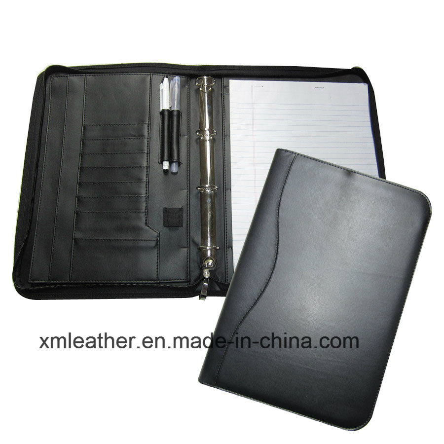 Zipper Closure Ring Binder Notepad Leather File Holder, Doument Holder