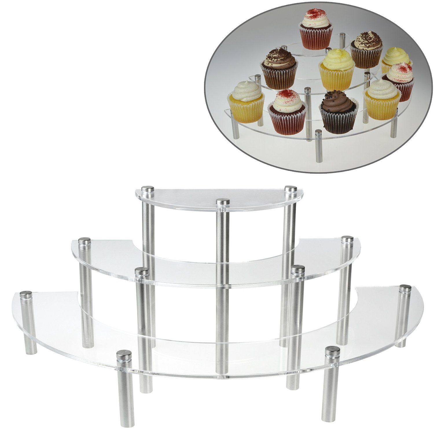 Clear Acrylic 3 Tier Half Moon Cupcake Shelves / Table Top Retail Display Riser / Spice Jar Shelf Rack
