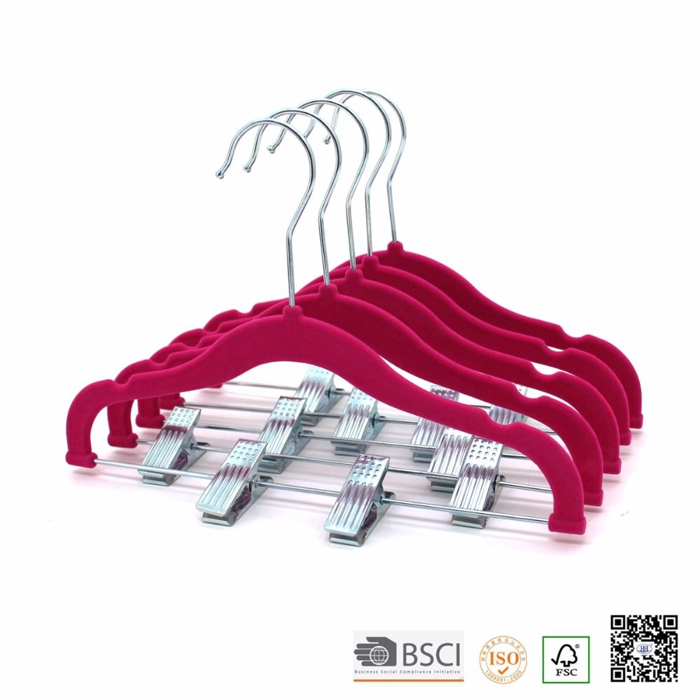 Wholesale Velvet Flocked Baby Hanger with Clips, Flocked Velvet Children Clips Hangers