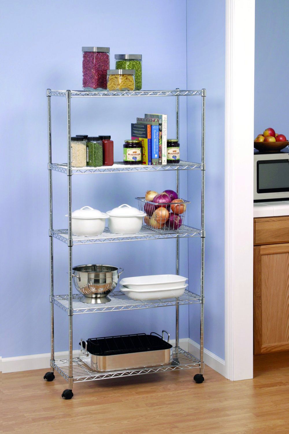 Multipurpose 5 Tiers Household Chrome Metal Kitchen Storage Rack with Wheels