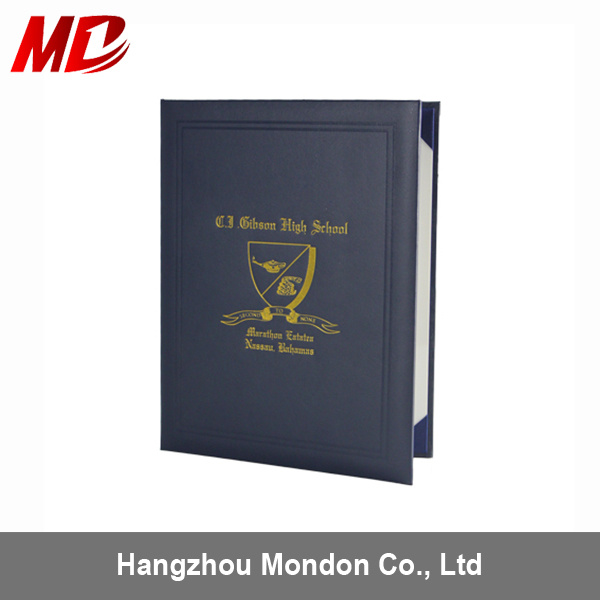Leather Certificate Holder Four Satin Corners One Moire Fabric-Tent Style Navy Blue