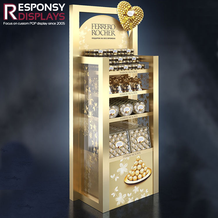 4 Layers Elegant Golden Shining High End Floor Wood Chocolate Display Rack