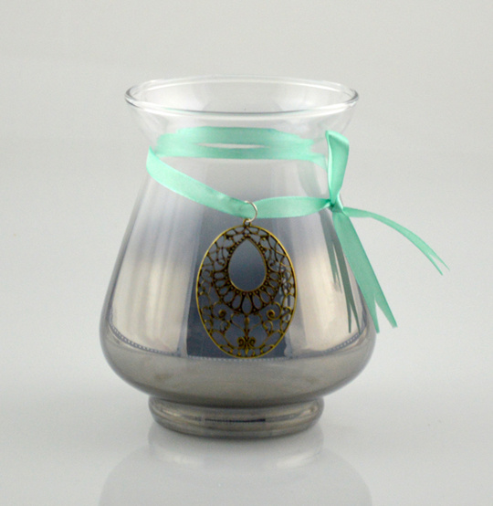 Glass Candle Holder with Green Ribbon