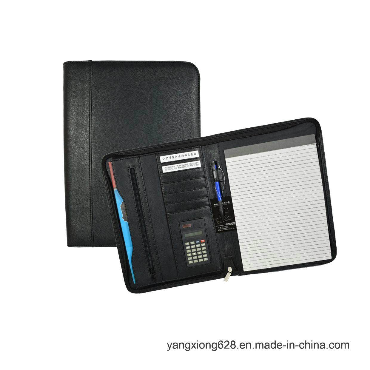 Handmade Zipper A4 PU Leather Folder Porfolio with Calculater Briefcase