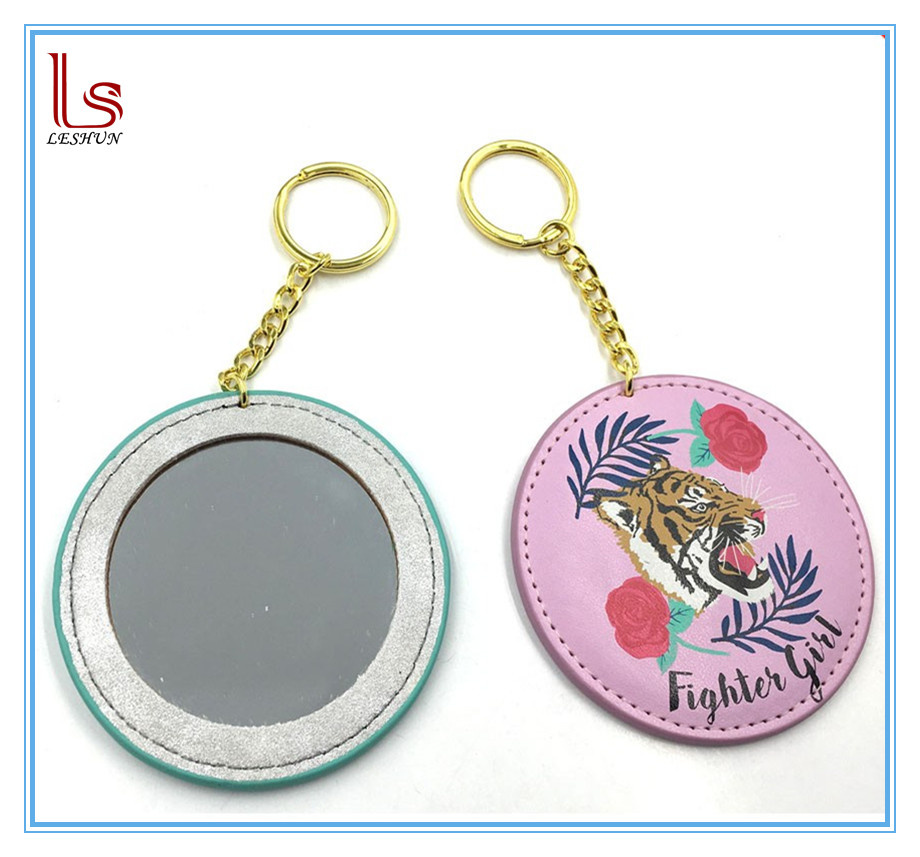 High Quality Metal Keychain with Round PU Pocket Mirror