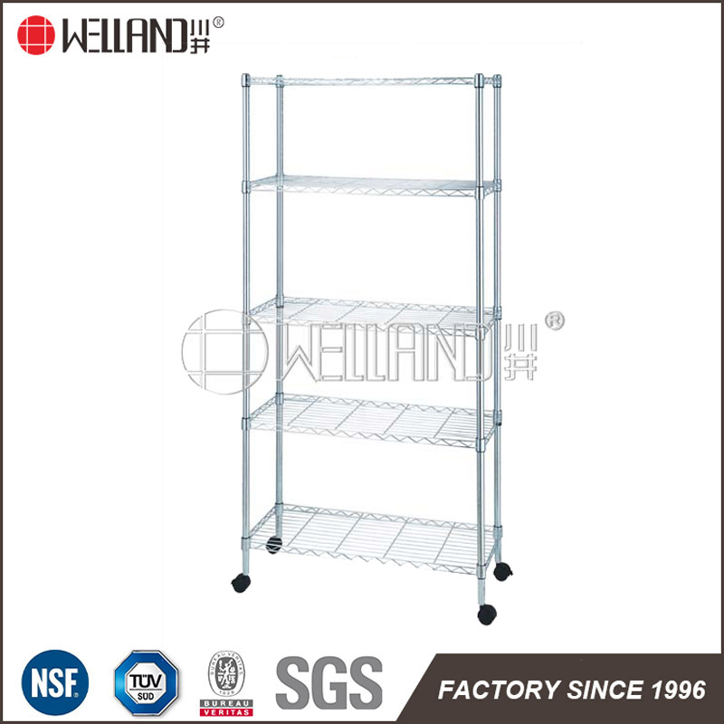 Multifunction 5 Tiers Light Duty Storage Rack Chrome Steel Wire Shelf with Nylon Wheels