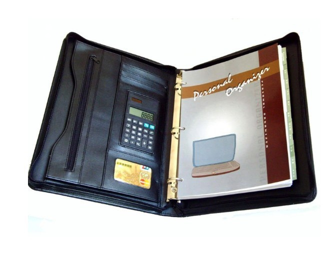 Handmade Zipper A4 Leather Binder Portfolio with Calculator