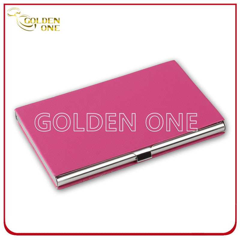 Stainless Steel Cover Pink Leather Business Name Card Case