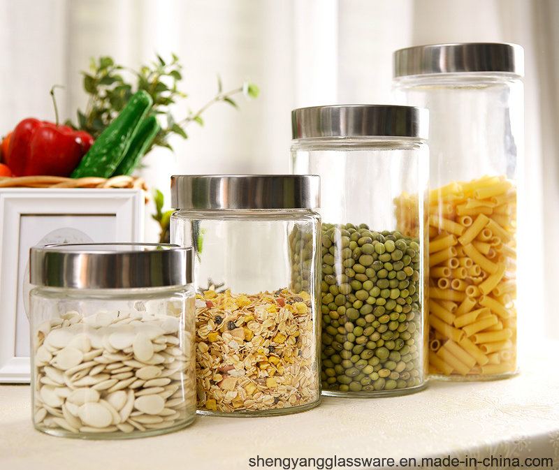 4 Sets 800ml/1500ml Clear Glass Food Jar with Stainless Steel Lid