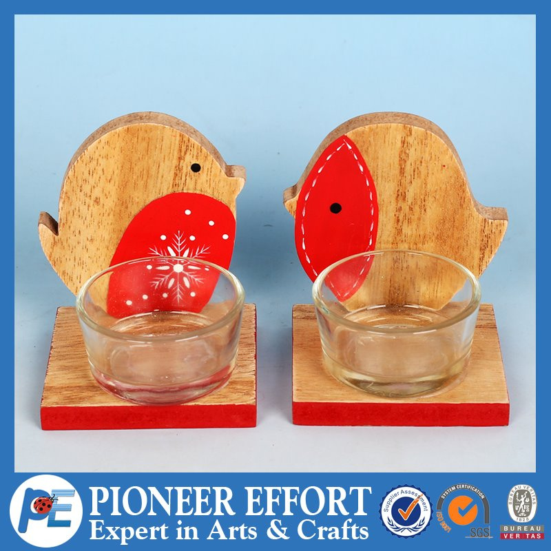 Wooden Bird with Glass Cup for Christmas Candle Holder