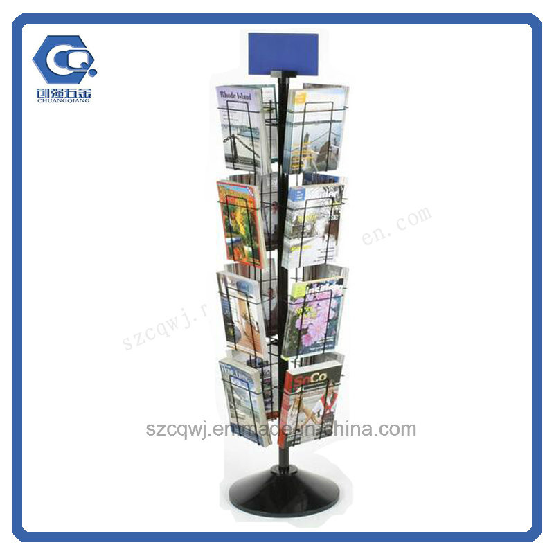 Floor Rotating 16-Pocket Wire Magazine Display Rack with OEM Header