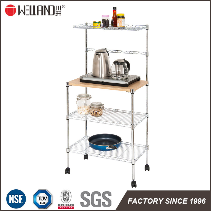 Rolling 4 Tiers NSF Chrome Wire Metal Kitchen Microwave Oven Rack with Wheels
