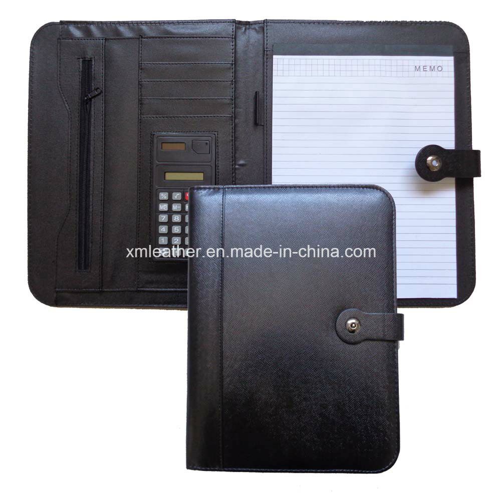 Button Closure Black PU Leather Writing Portfolio for Students