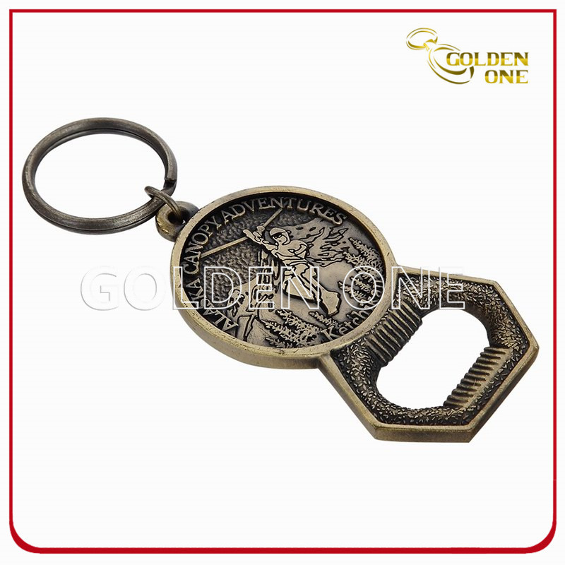 Antique Brass Plated Embossed Metal Bottle Opener Keyring