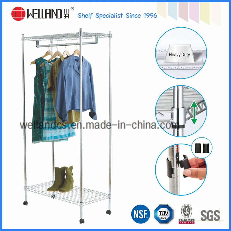 Adjustable Shelf Chrome Home Garment Rack with Nylon Wheel