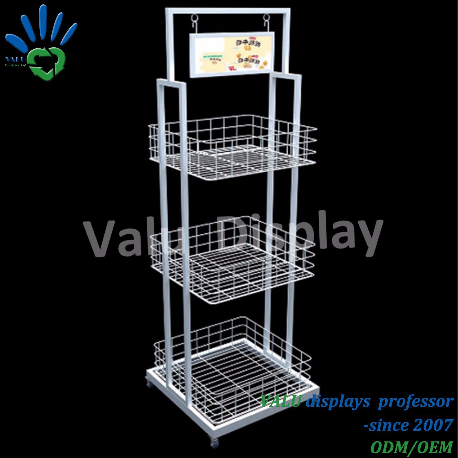 Moveable Metal Wire Basket Display Rack with 4 Wheels