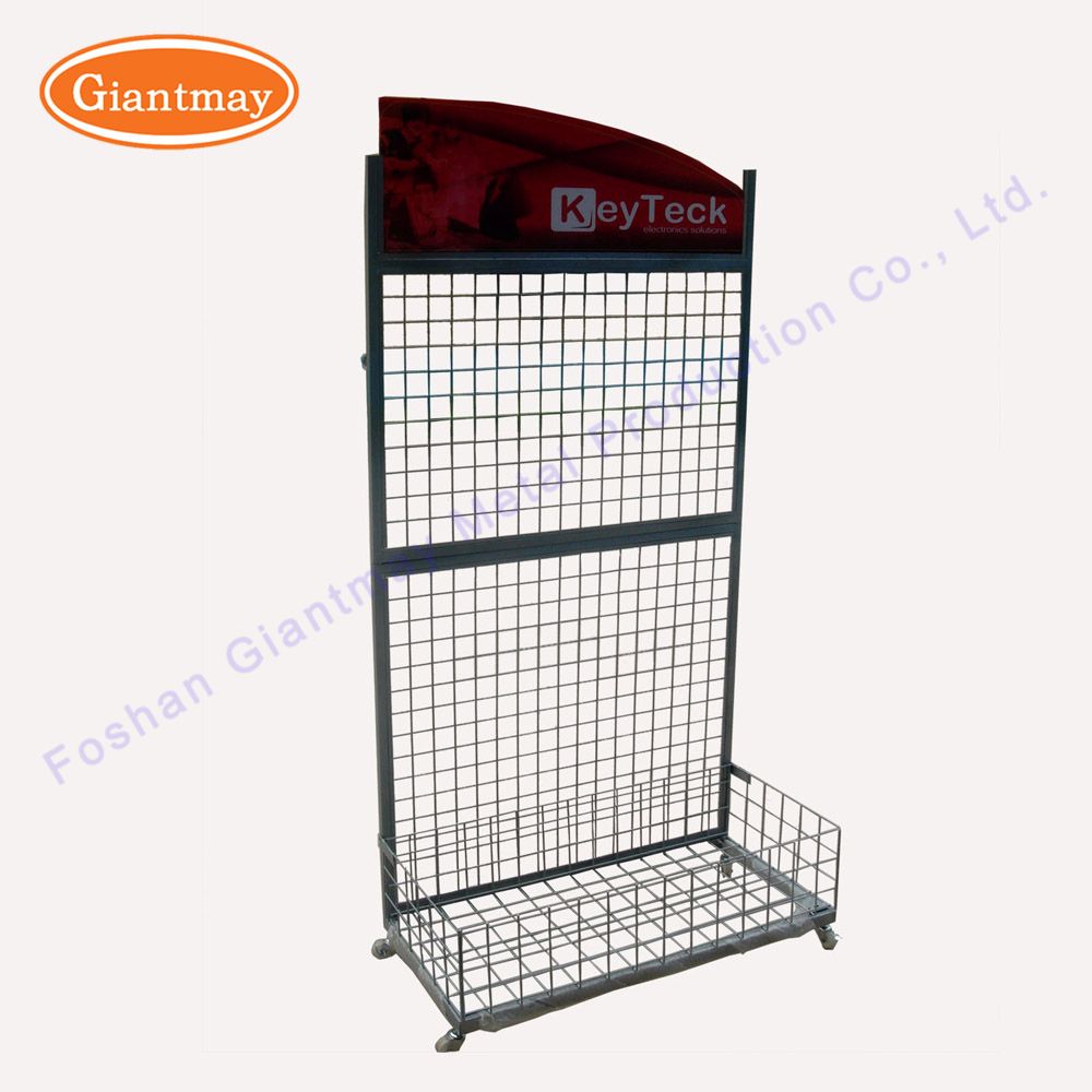 Supermarket Grid Panel Hanging Metal Storage Basket Network Display Rack with Wheel