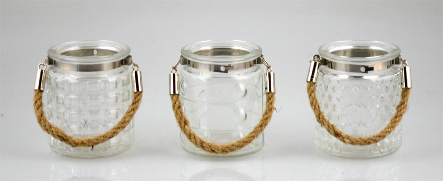 2015 High Quality Glass Candle Holder with Jute Rope Handle