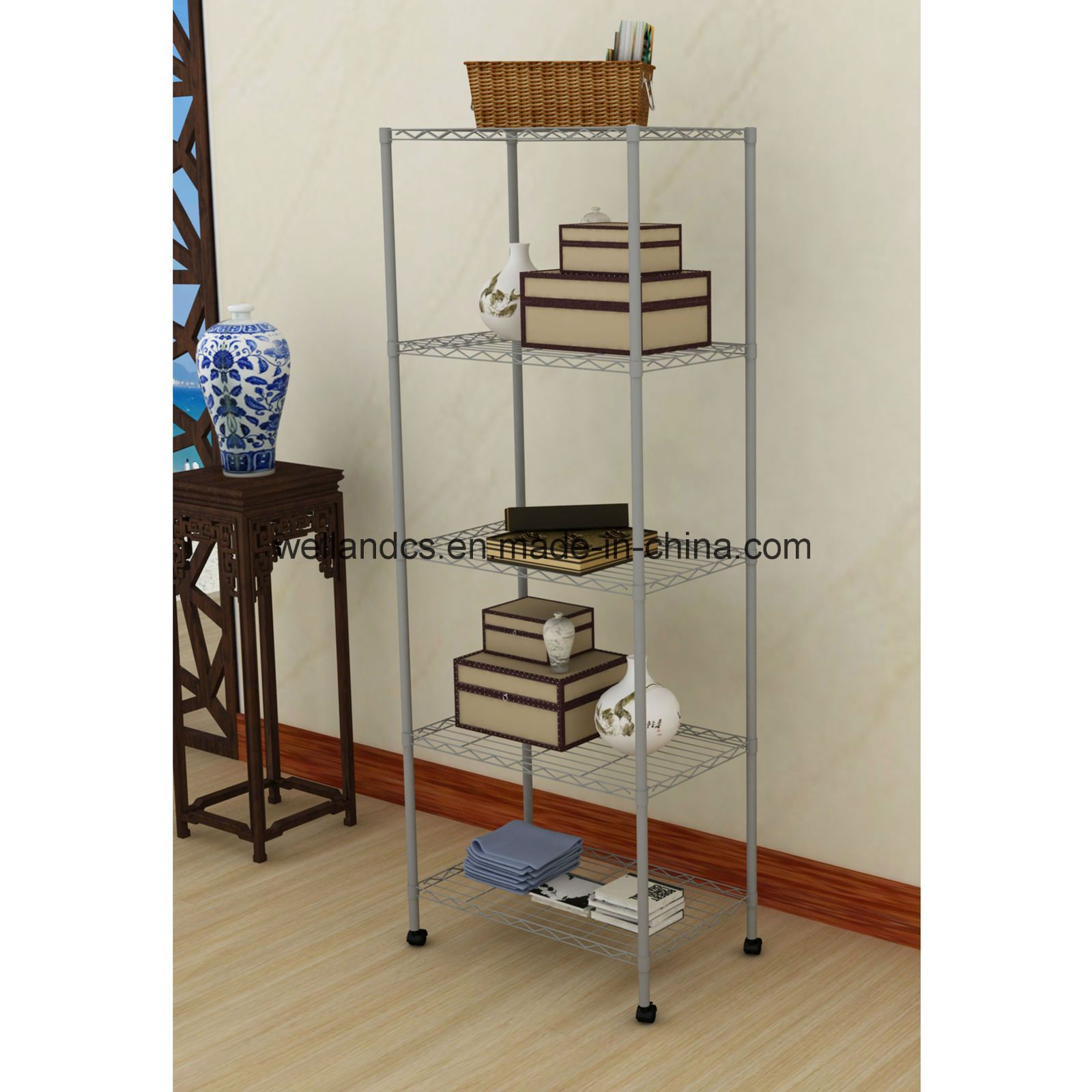 Mobile 5 Shelf Sturdy Powder Coated Metal Household Storage Rack with Knock Down Style