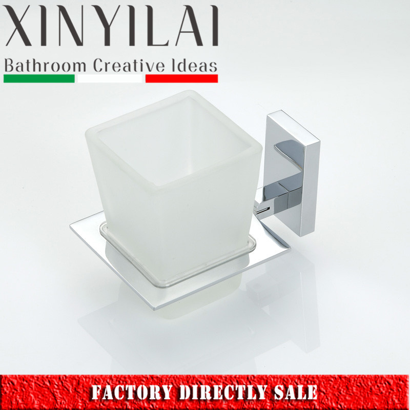 Square Design Chrome Brass Wall Mount Matte Glass Tumbler Holder