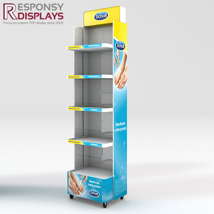 5 Layers Floor Wood Foot Protection Products Display Shelf with Four Wheels