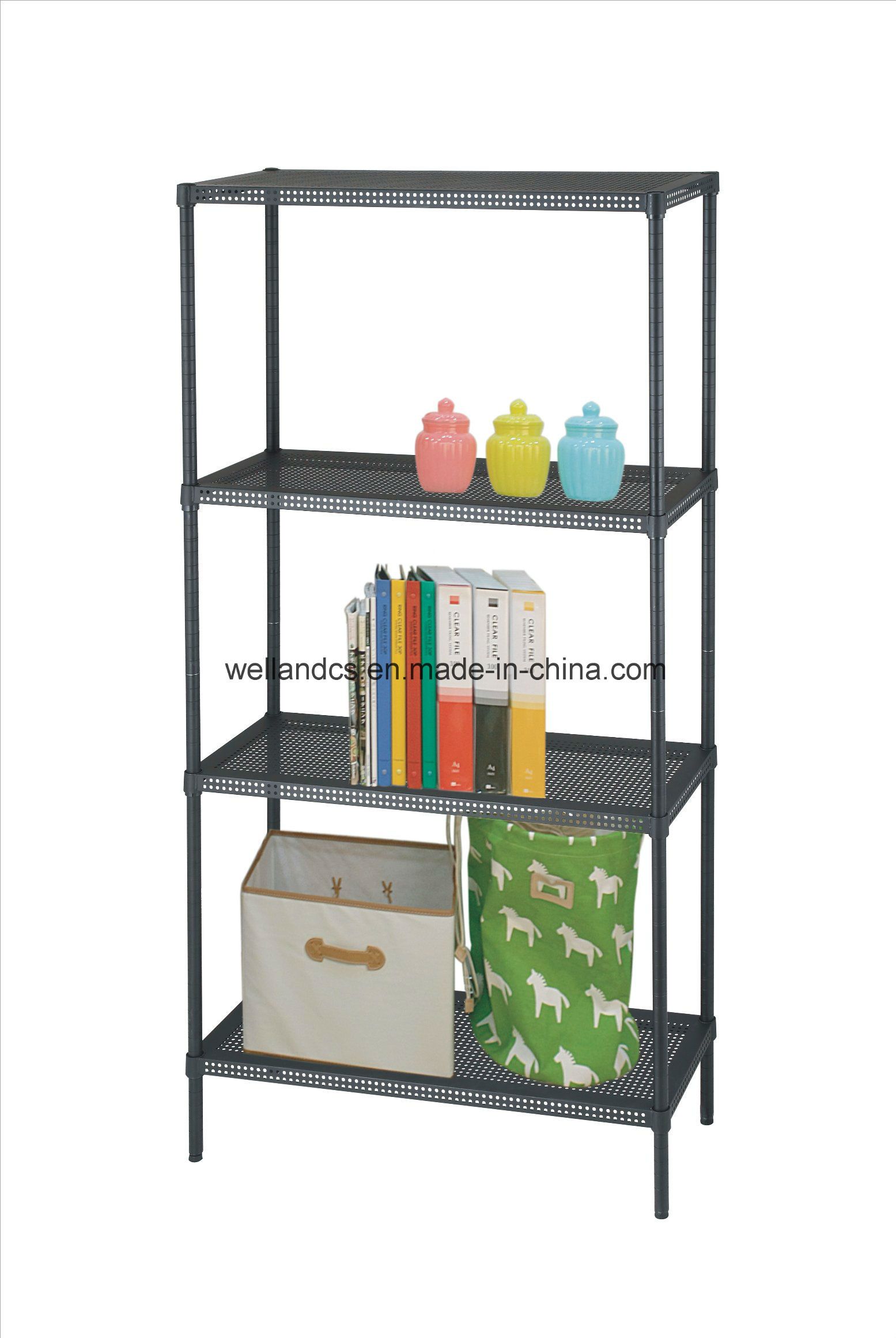 /proimages/2f0j00pKHaFLgkCdzb/nsf-black-epoxy-coated-4-tiers-adjustable-perforated-metal-rack-for-home-storage.jpg