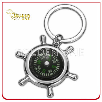 Nickel Plated Steering Wheel Zinc Alloy Key Chain with Compass