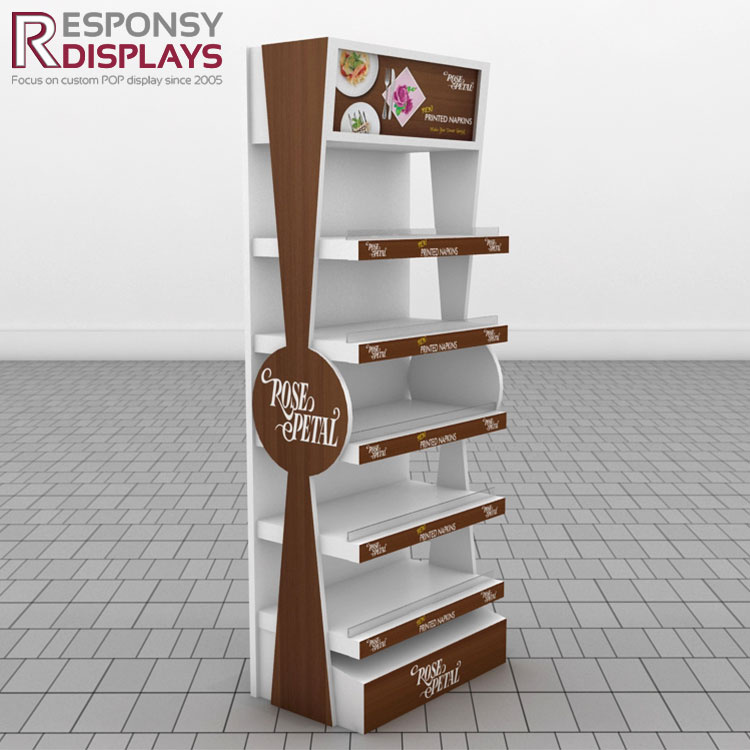 Nice Custom Designed Wood Napkins Commodity Display Stand Rack Paper Floor Display Shelf