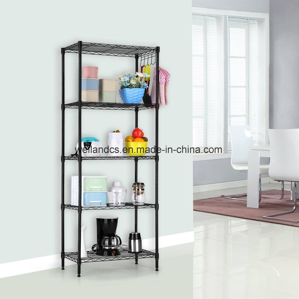 Easy Assemble 5 Tiers Black Epoxy Coated Metal Home Kitchen Bakers Storage Rack Shelf