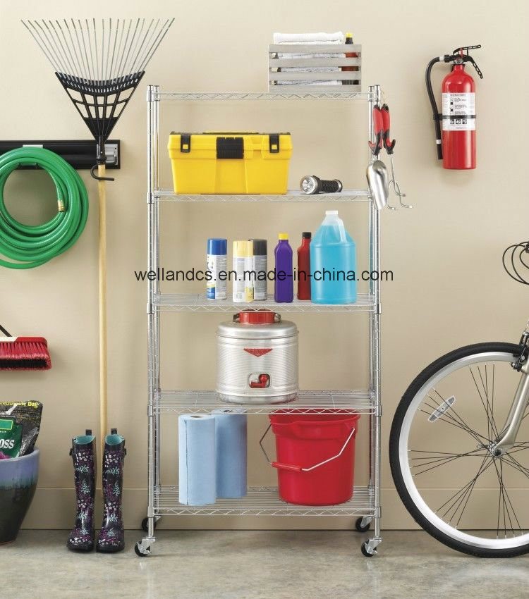 Easy Assemble 5 Tiers Light Duty Chrome Plated Steel Garage Vertical Storage Rack System