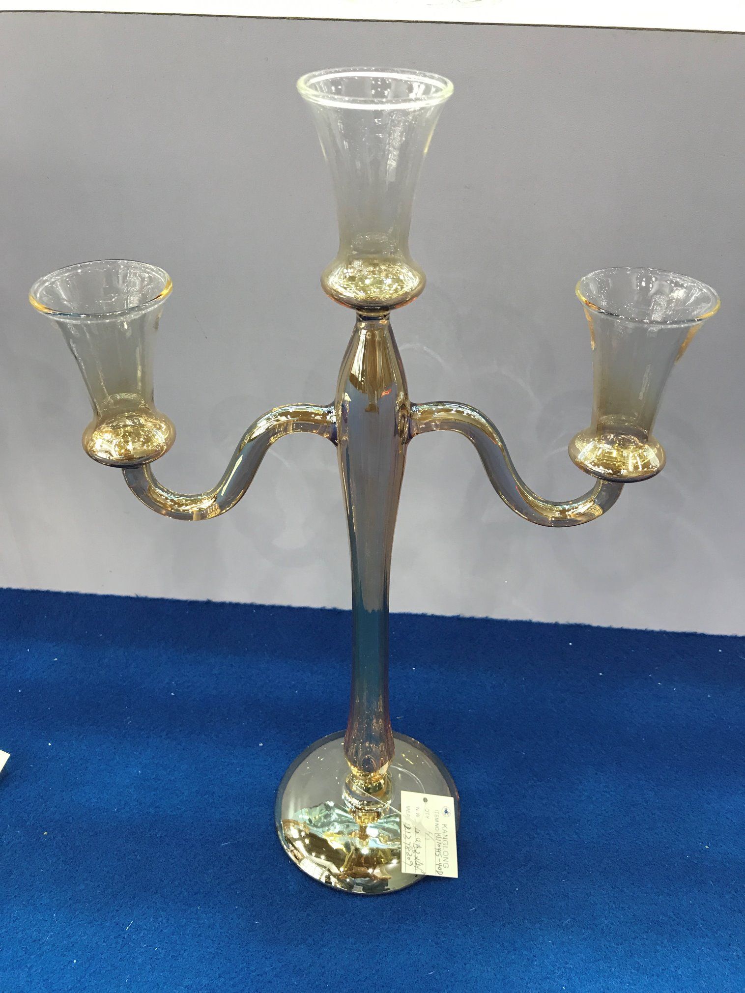 Metallic Gold Color Glass Candle Holder with Three Poster