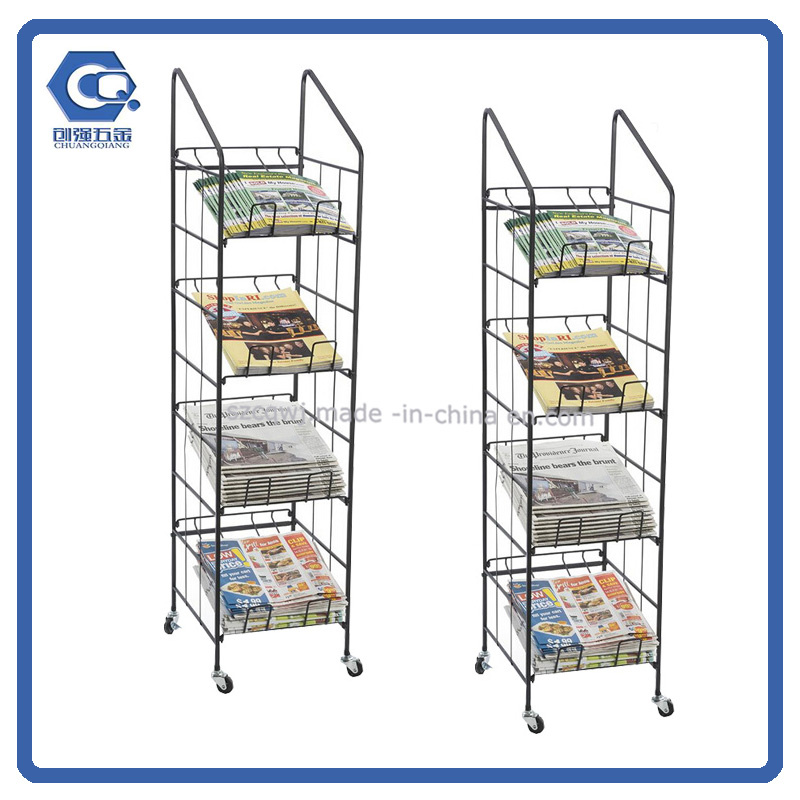 Custom Black Wire Metal Book Shelf Newspaper Magazine Display Racks with Wheels