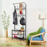 Metal Entryway Storage Bench Multi-Purpose Coat Clothes Stand Shoes Rack Umbrella Stand with Hanging Hooks