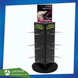 Spinning 3-Sided Black Wooden Counter Display with Metal Hooks for Jewelry, Pop Retail Wooden Jewelry Display Supplier